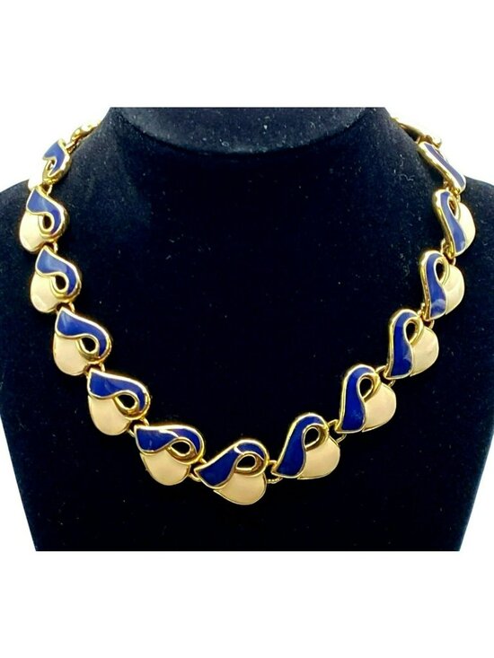 Jewelry - Vintage Heart Necklace Enamel Cream Navy Blue Gold Tone 1980s 80's Retro Y2K